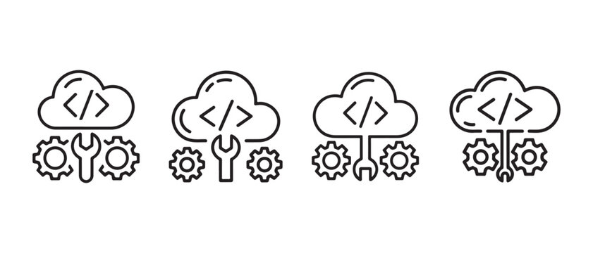 Set of cloud computing development icons. with code brackets and gear tools in a minimalist line art style.