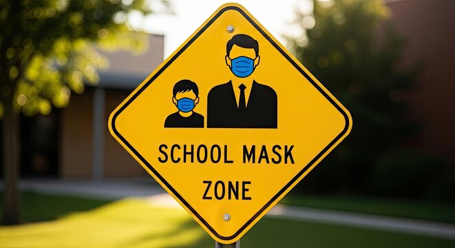 Yellow school mask zone warning sign on campus lawn.