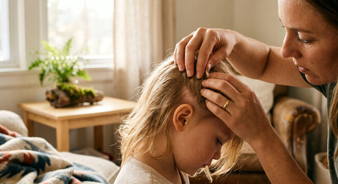 Mother Checking Daughter's Hair and Scalp for Lice or Ticks at Home, Care and Prevention Concept