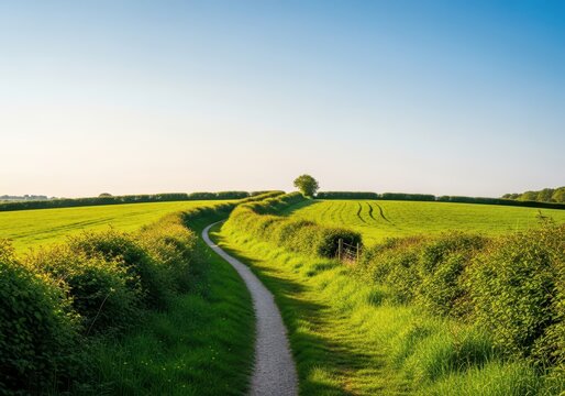 Scenic rural public footpath winding through lush green fields and meadows in the countryside, defined by mature hedges under a wide summer sky, pasture., countryside, trail