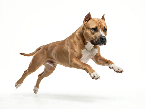 Powerful American Staffordshire Terrier jumping in studio on white