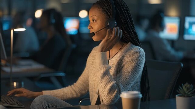 Afterhours call center agent providing calm and professional benefit support during nighttime with dimmed lights and outoffocus screens behind.