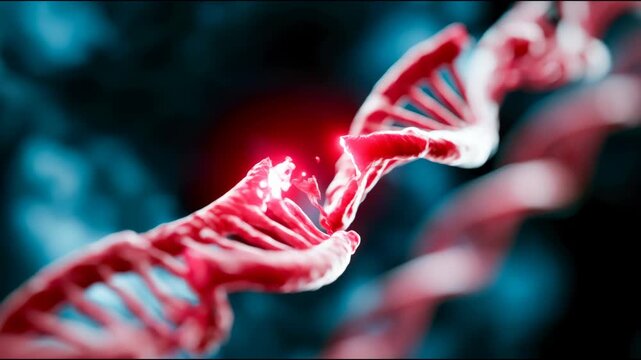 Glowing broken DNA strand with red light particles, representing genetic mutation, biotech research, and futuristic medical science