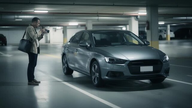 Insurance investigator taking pictures of a suspicious vehicle parked in an underground garage with the structured environment blurred to emphasize the car.