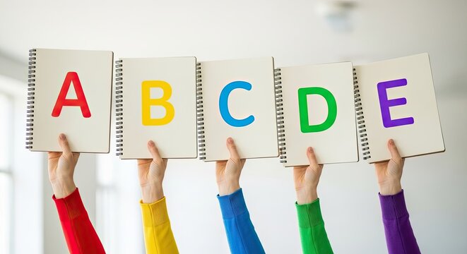 Hands holding notebooks with colorful letters A to E.