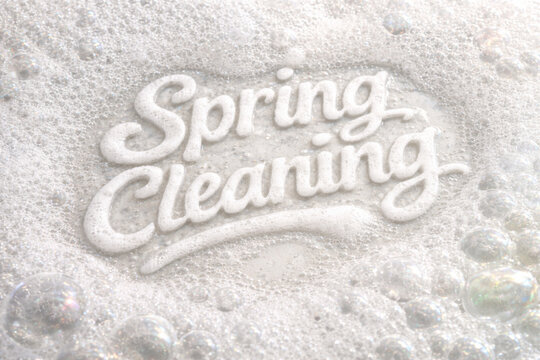 Spring cleaning text in soapy bubbles, suitable for seasonal background