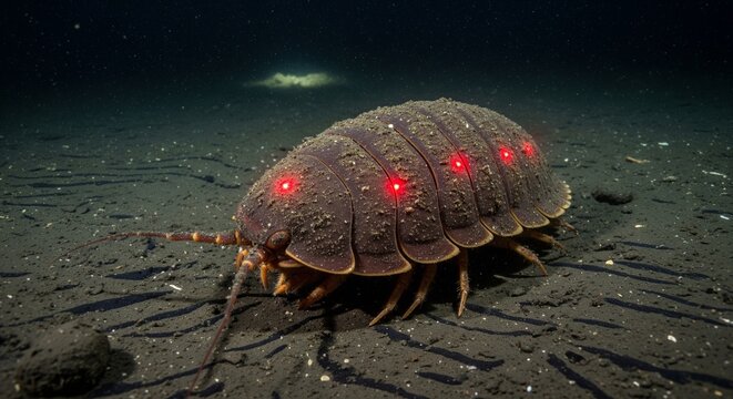 A large, deep-sea giant isopod walking on the dark ocean floor with glowing red spots on its shell.