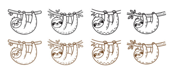 Set of cute hand drawn sloth characters hanging on tree branches in a minimalist doodle art style. © NadimStoker