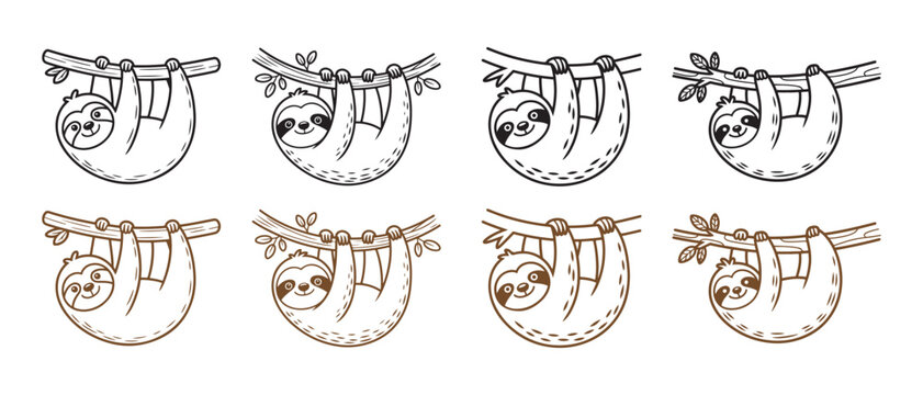 Set of cute hand drawn sloth characters hanging on tree branches in a minimalist doodle art style.
