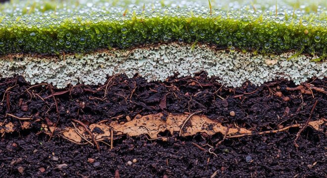 A clean cross-section of the ground showing layers of dark brown soil with roots, a layer of grey stones or pebbles, and a top layer of lush green moss filled with water droplets.