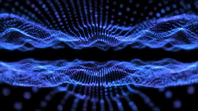 Mesmerizing wide video of perfectly symmetrical, luminous electric blue and deep violet particles forming dynamic waves and a pulsing peak in a velvety black void, futuristic data visualization