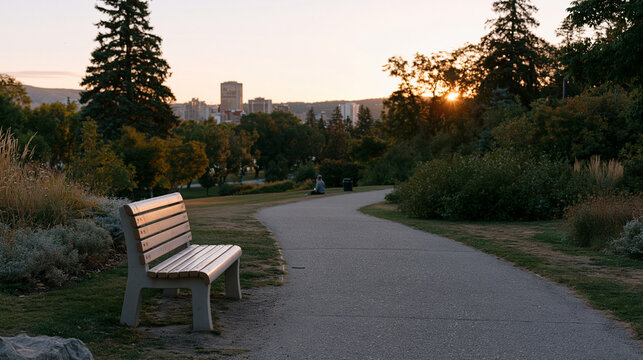 Wide establishing shot of autumn equinox dawn over empty city park with single figure seated on distant bench, September seasonal transition mental health awareness solitude reflection daily life de