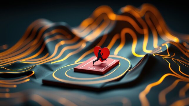 Heart runs track. Abstract golden waves surround tiny running course. Dramatic lighting creates intense visual impact.