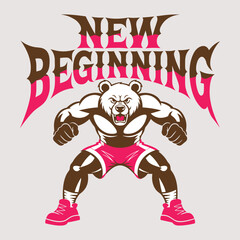 Angry muscular bear character with text new beginning, aggressive animal power. © Bappaditya Roy