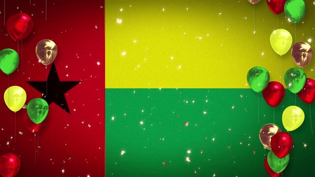 Looping 4K video. Guinea-Bissau flag. Background for anniversaries and events. Animation. Background with sparkling confetti. Three balloons in red, yellow, and green flying. Video with copy space.