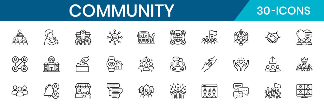 Community Social Connection Thin Line Icon Set