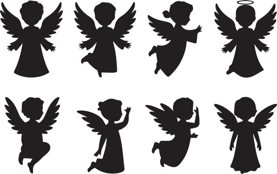 Set of black angel silhouettes flying and standing in various poses minimalist vector illustration