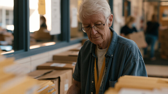 Retired teacher returning to elementary school office as an administrative volunteer during back to school week, sorting cumulative academic files by grade level while newer staff members move boxes