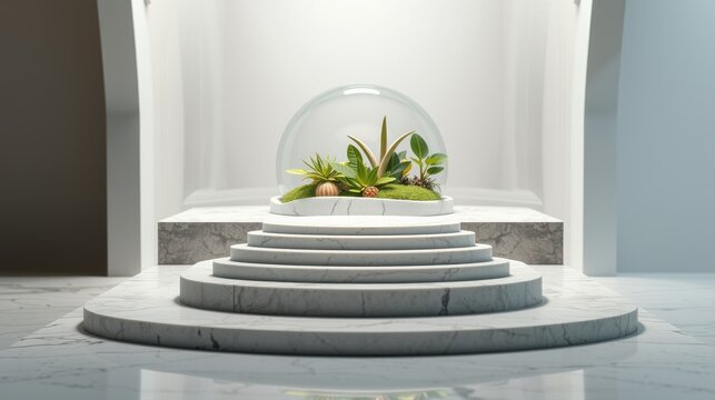 Minimalist scene. Plants inside glass dome atop tiered marble pedestal. Bright lighting, clean aesthetic, modern design elements present.