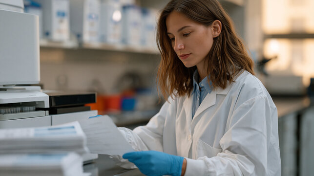 Pharmacogenomics lab technician loading DNA extraction samples into automated sequencer, printed patient variant reports stacked beside workstation, clinical genetics laboratory with steel surfaces 