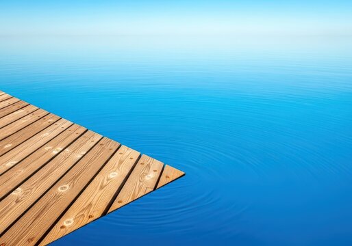 A tranquil scene of brilliant blue water meeting a wooden dock under a clear, hot summer sky, symbolizing travel, escape, and coastal leisure, sand, boat, summer