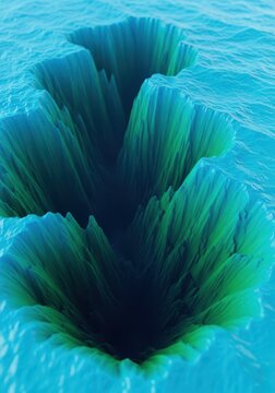 Detailed visualization of ocean floor bathymetry showing deep trenches and rising underwater mountains using blue and green shading, map, chart, earth