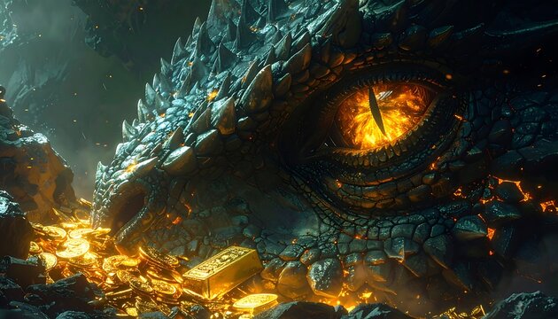 Close-up of a dragon's eye amidst a hoard of gold, creating a captivating and intimidating fantasy scene