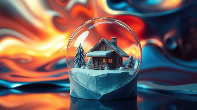 Cozy cabin inside glass sphere. Winter scene, warm light emanates from windows. Colorful fluid background creates dramatic effect.