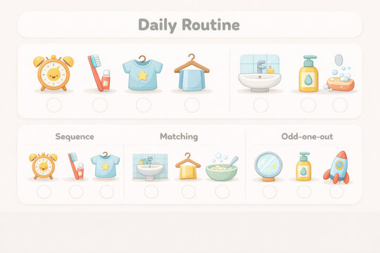 Daily routine educational worksheet for kids with cute illustrations