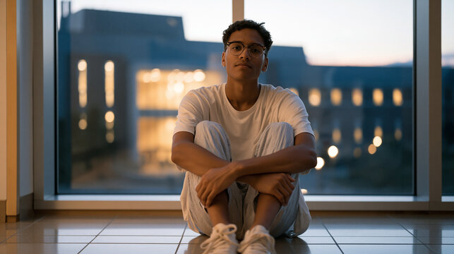 Graduate student sits rigid on dormitory hallway floor at 2am, campus building exterior visible through window, knees drawn up, residence hall mental health crisis higher education college wellness 