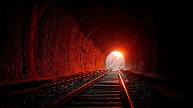 Endless Journey Through Red Tunnel: The perspective of a train track leading into a glowing red tunnel with sunlight breaking through, evoking mystery and the unknown ahead.