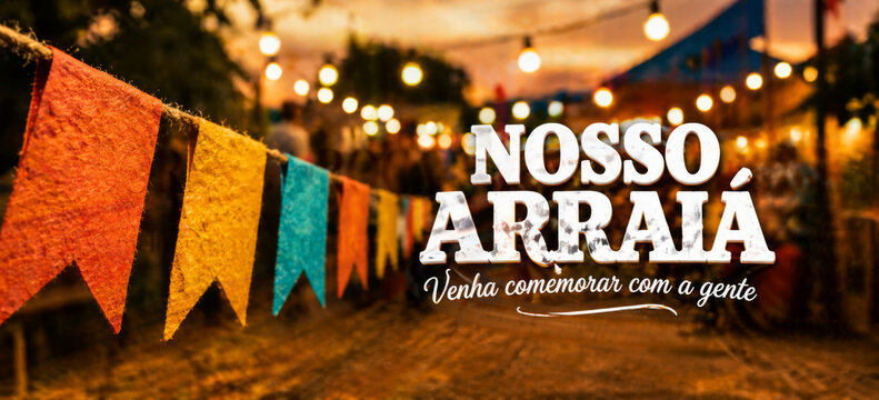 Brazilian Festa Junina banner with Portuguese text Nosso Arrai&aacute; meaning Our Fair, invitation meaning Come celebrate with us, flags, lantern lights, rustic street background for festival advertising