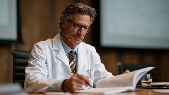 Formulary physician committee member highlighting clinical efficacy table in drug monograph during hospital pharmacy review meeting, autumn afternoon boardroom setting with ceiling projector casting