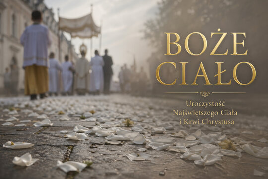 Polish Corpus Christi procession banner with Polish text Boże Ciało meaning Body of Christ, flower petals on cobblestone street, clergy procession, copy space background for Catholic holiday
