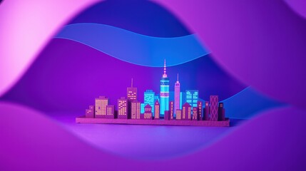 Fototapeta premium Neon cityscape glows within abstract purple waves. Minimalist design creates vibrant, futuristic scene. Dramatic lighting emphasizes skyline.