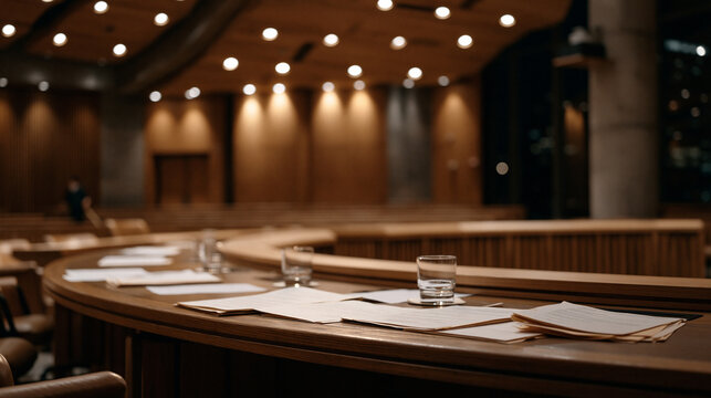 Empty city council chamber after late-night vote session, scattered agenda papers and half-filled water glasses left on the horseshoe dais under humming overhead lights while a lone maintenance work