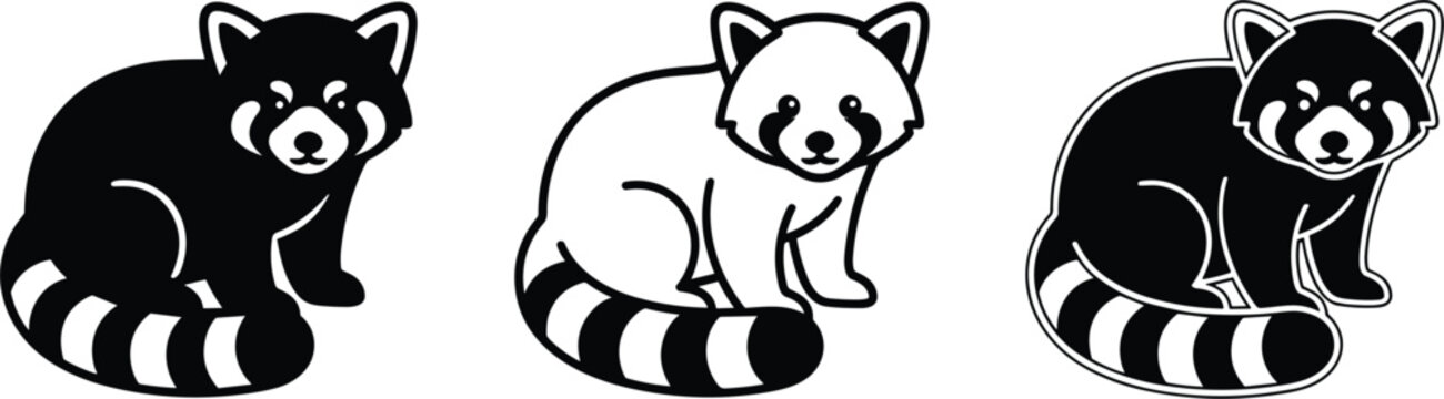 Cute red panda character set in black silhouette linear outline and sticker style vector illustration isolated on white background