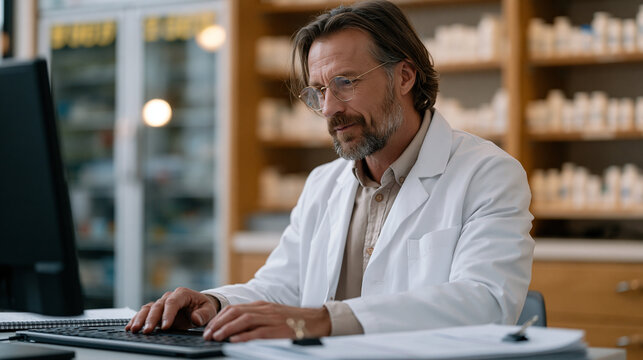 Drug shortage pharmacist emailing therapeutic substitution protocol on desktop computer while printed shortage bulletin sits weighted by stapler, dispensary background showing locked refrigerated st