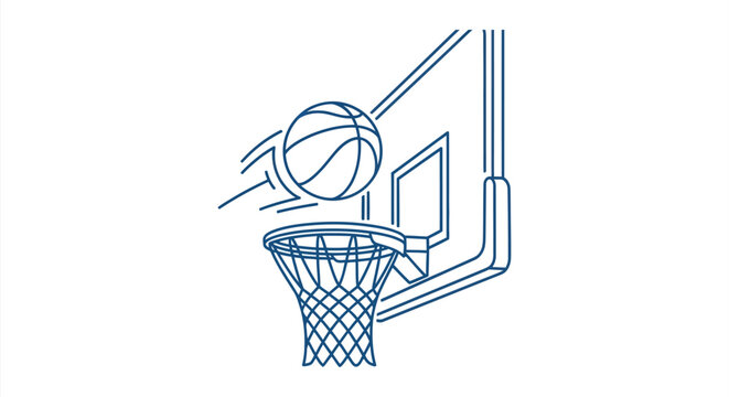 Basketball Hoop And Ball Blue Line Art On White Background