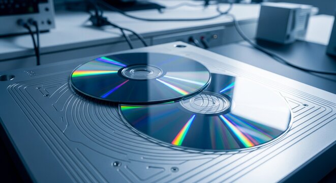 Two silver compact discs resting on a futuristic metal device with grooved lines in a blue-lit tech lab
