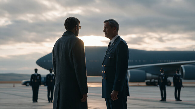 Ambassador greeting counterpart at airport tarmac arrival during bilateral diplomatic summit visit, protocol officers flanking both delegations as car motorcade idles on secure apron under overcast 
