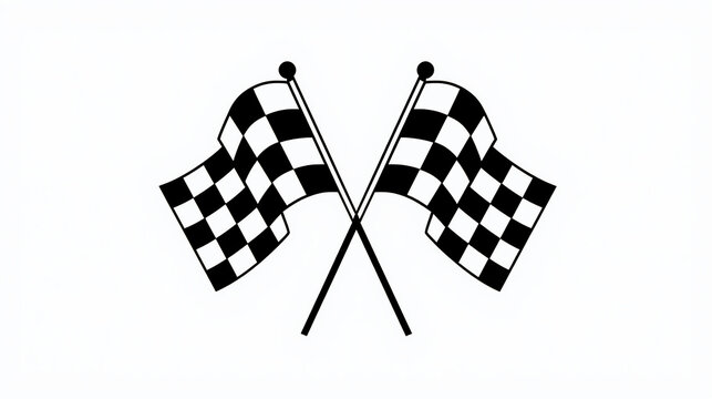 A minimalist graphic of two crossed, waving checkered racing flags with a classic black and white square pattern on a solid white background.