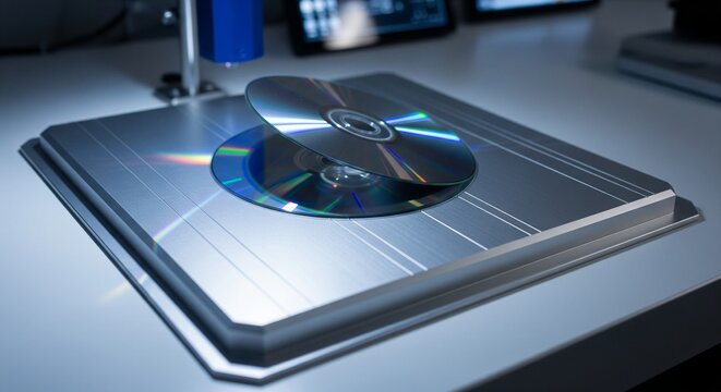 A futuristic glowing CD/DVD drive or optical player with a silver disc tilted upwards on a modern desk
