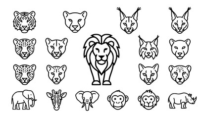 Wild Animal Face Outline Icon Collection with Lion, Tiger and Safari Animals © Songkari