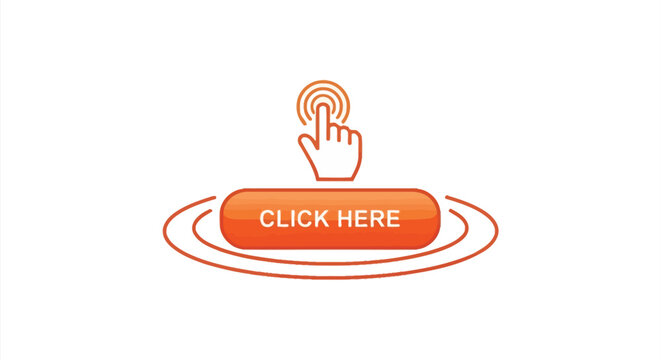 Click here button with hand pointer icon orange and white