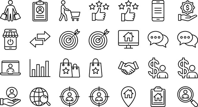 Consumer Behavior and Retail Shopping Outline Icon Set Featuring Target Audience Buyer Persona Customer Feedback Marketing Analytics and Real Estate Commerce Line Graphics