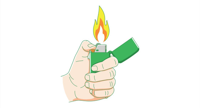 Hand holding green lighter with flame vector illustration on white background