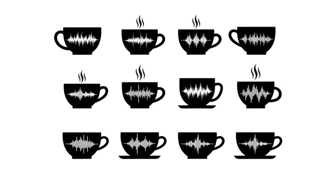 Collection of coffee cups displaying sound wave patterns, representing audio and auditory experiences with hot beverages