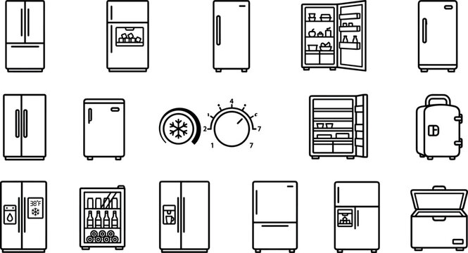 Refrigerator and Deep Freezer Household Kitchen Appliance Outline Icon Set Featuring Open Refrigerator French Door Fridge Portable Cooler and Temperature Thermostat Dial Graphics