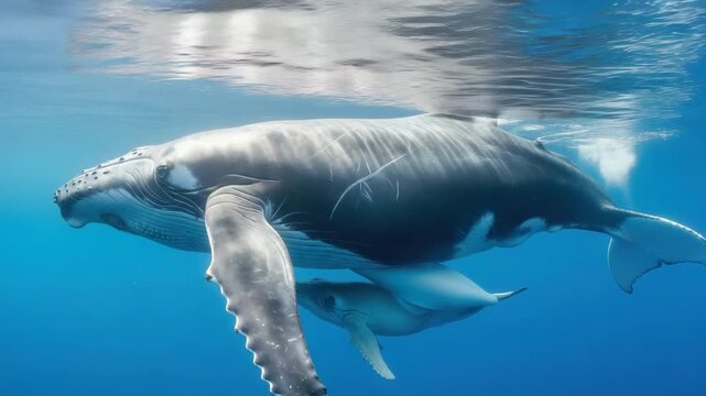 Humpback whale mother gently swimming alongside her newborn calf in clear tropical blue ocean water shot from underwater, serene marine mammal wildlife and conservation concept horizontal
